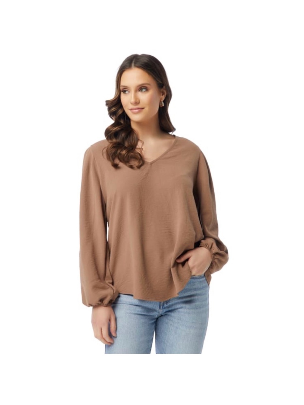 Relaxed V-Neck Long Sleeve Blouse in Mocha Brown